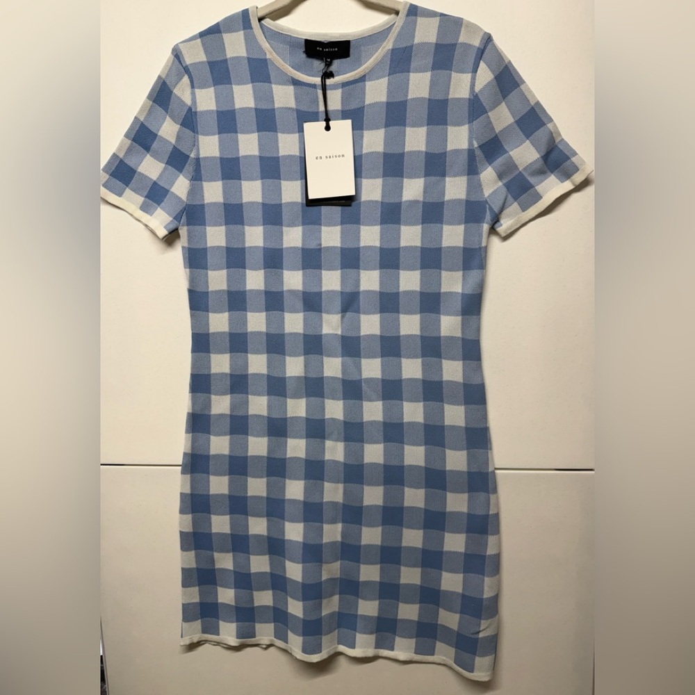 Picnic Print En Saison Sky Blue & White Gingham NWT Knit Mini Dress Country Chic